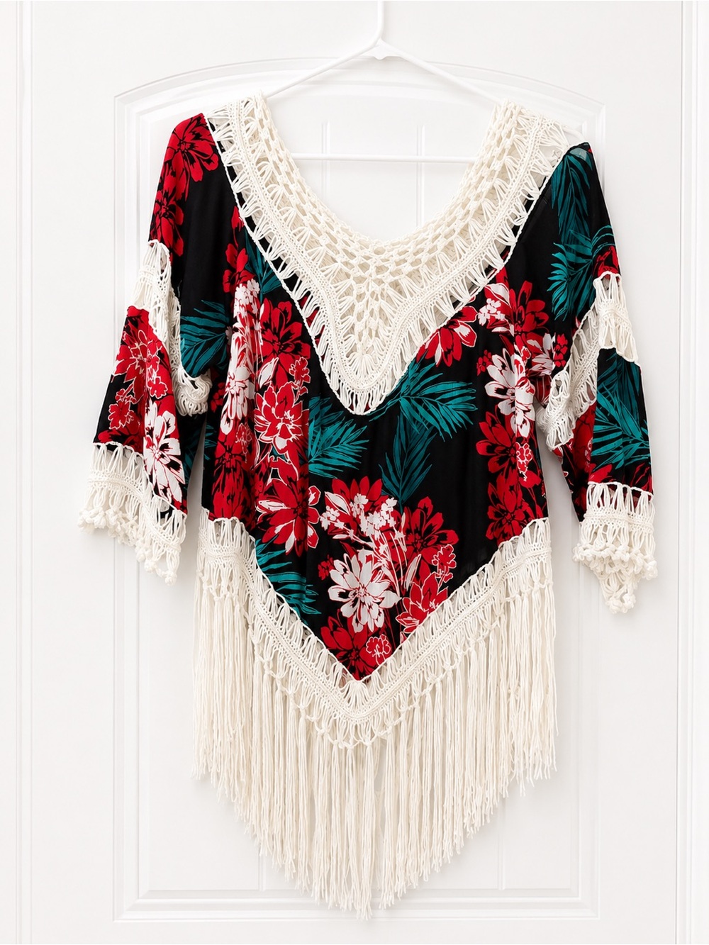 love J Black Floral Fringe Tunic with Cream Crochet Trim